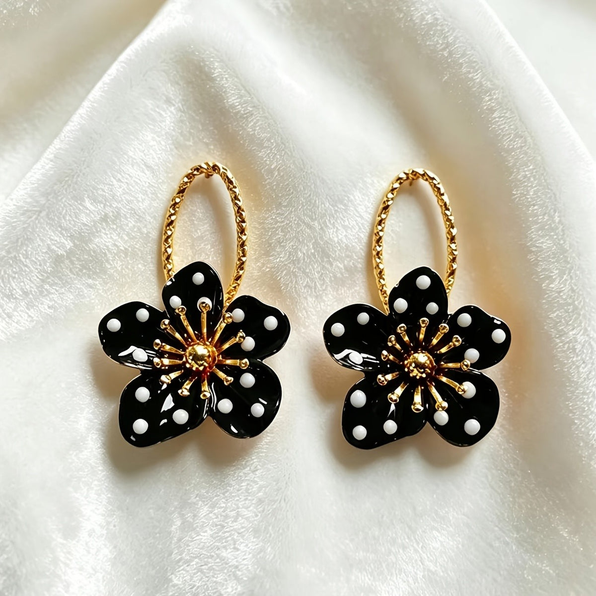 Vintage Black Polka Dot Flower Earrings