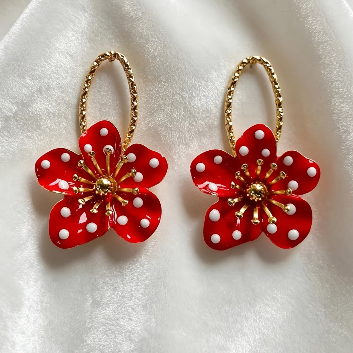 Vintage Black Polka Dot Flower Earrings