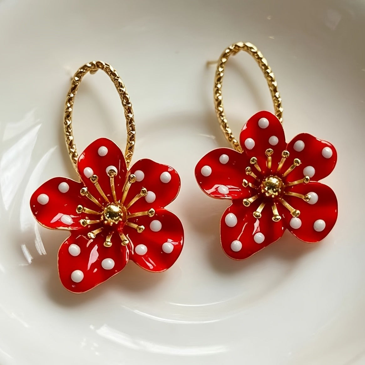 Vintage Black Polka Dot Flower Earrings