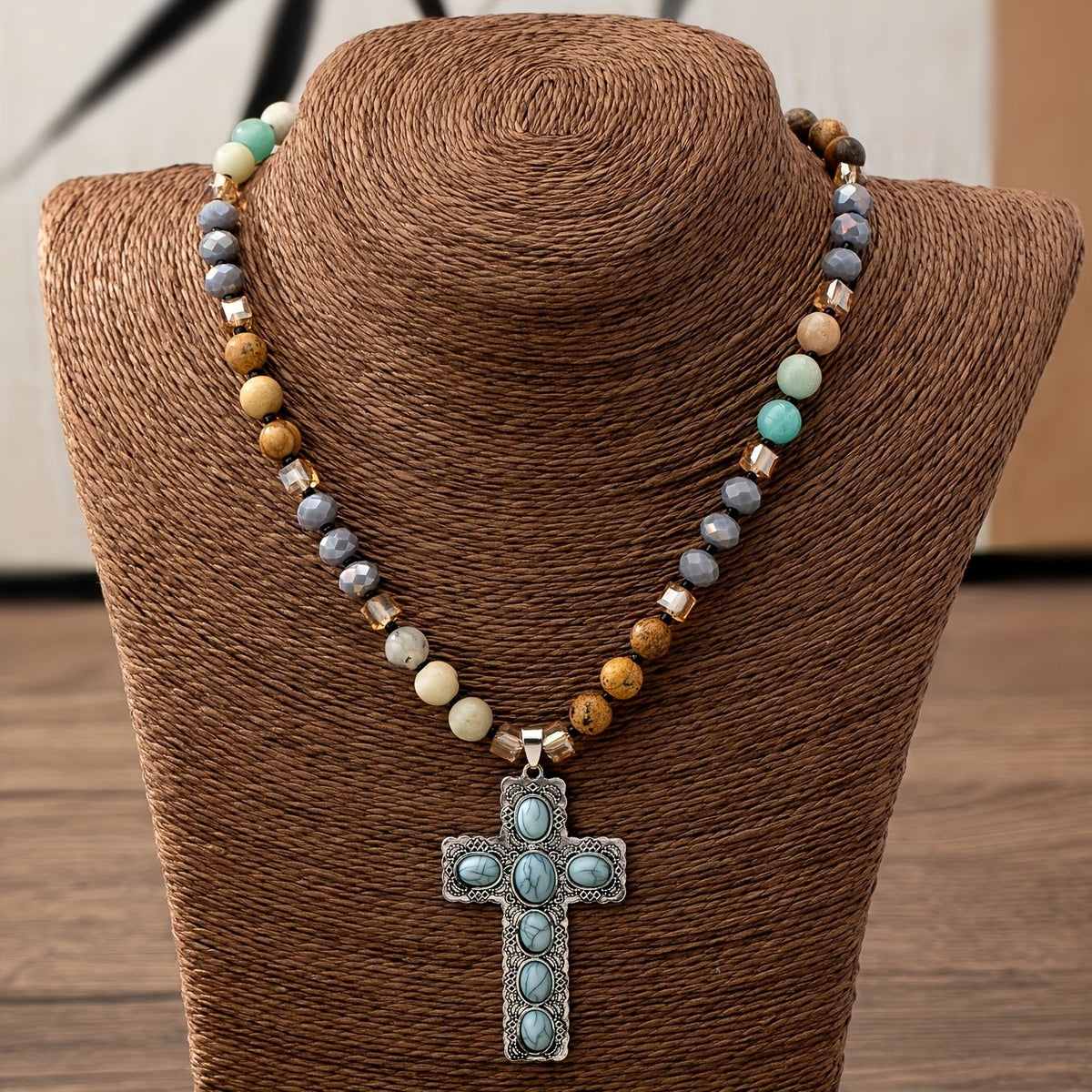 Boho Turquoise Cross Bead Necklace
