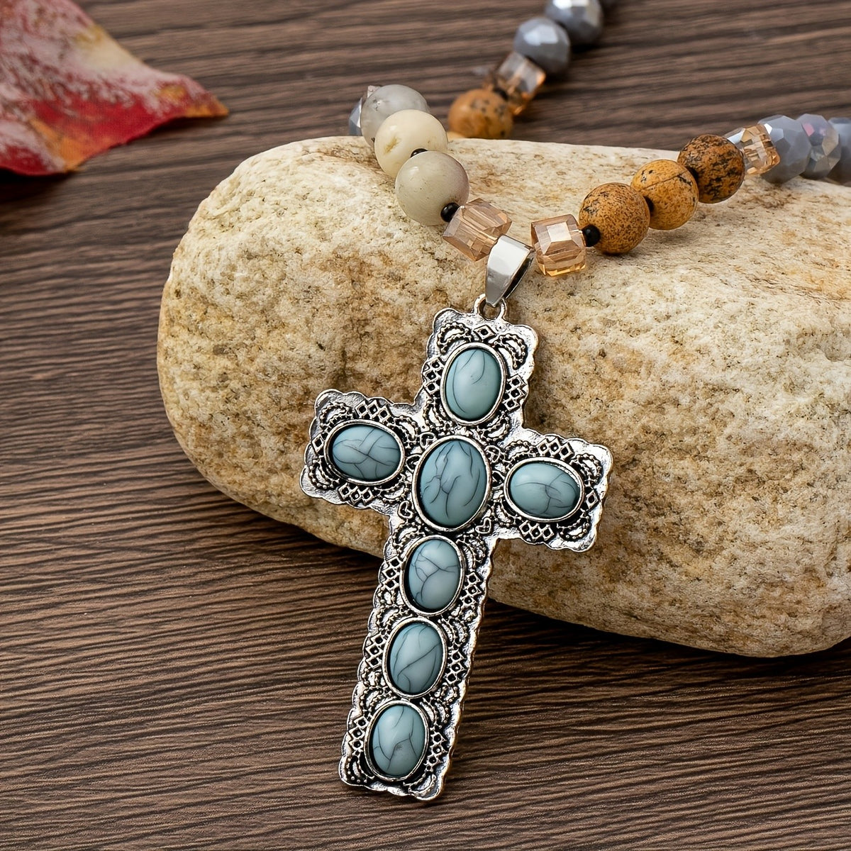 Boho Turquoise Cross Bead Necklace
