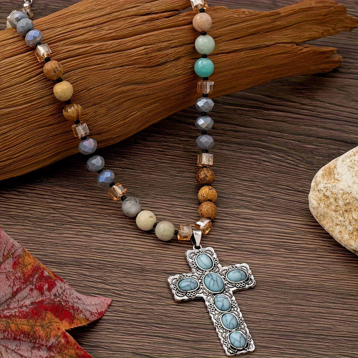 Boho Turquoise Cross Bead Necklace
