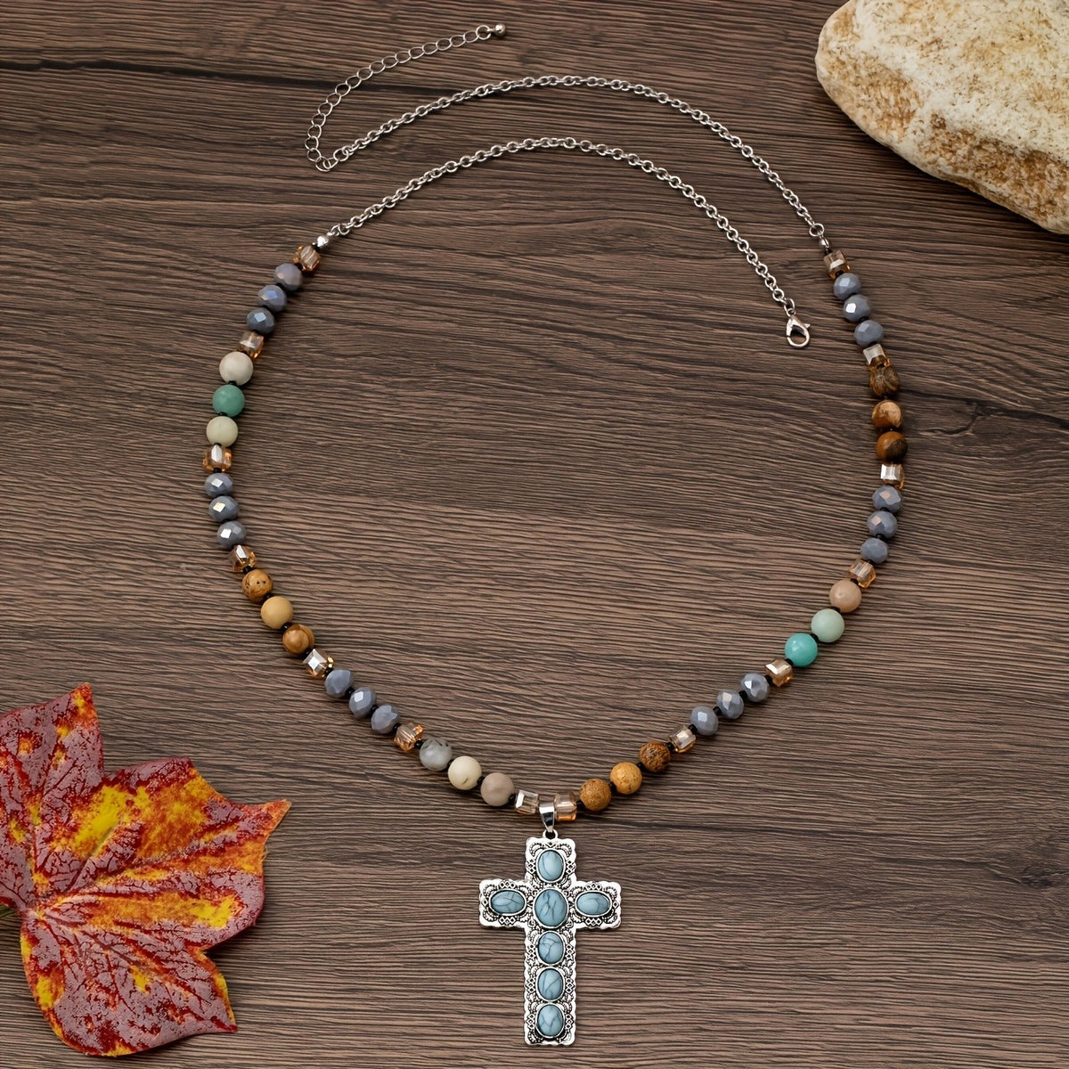 Boho Turquoise Cross Bead Necklace