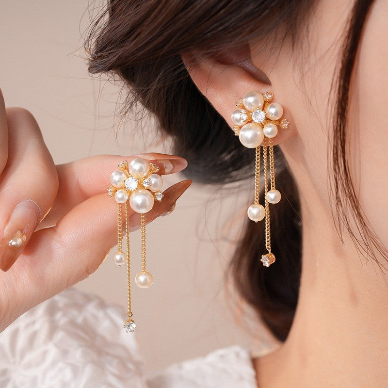 Elegant Faux Pearl Flower Tassel Earrings