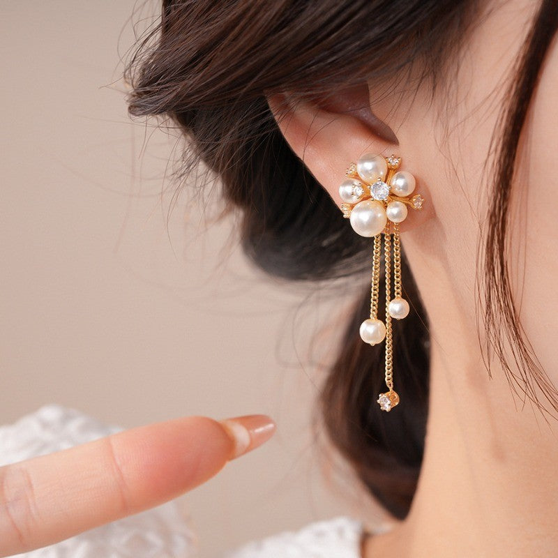 Elegant Faux Pearl Flower Tassel Earrings