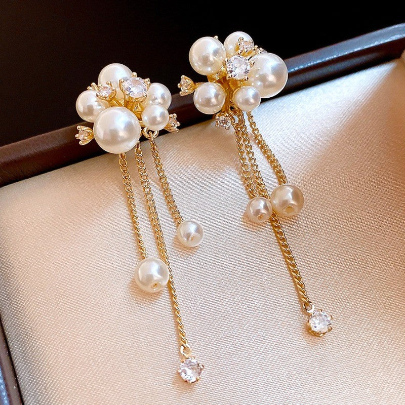 Elegant Faux Pearl Flower Tassel Earrings