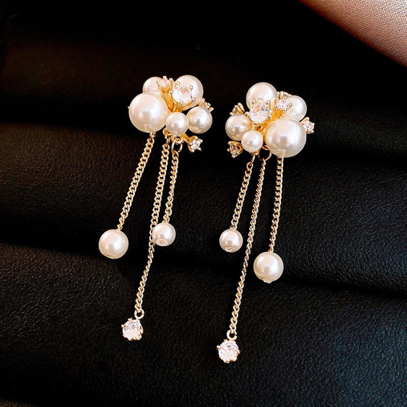 Elegant Faux Pearl Flower Tassel Earrings