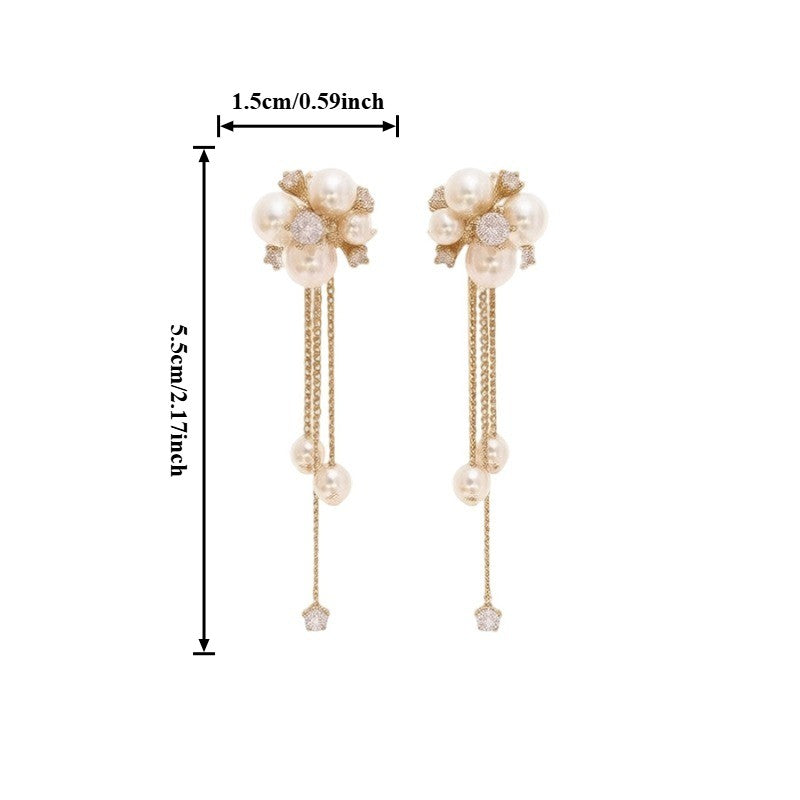 Elegant Faux Pearl Flower Tassel Earrings