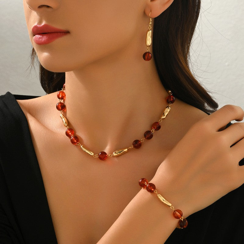 14k Vintage Amber Bead Necklace, Bracelet & Earring Set