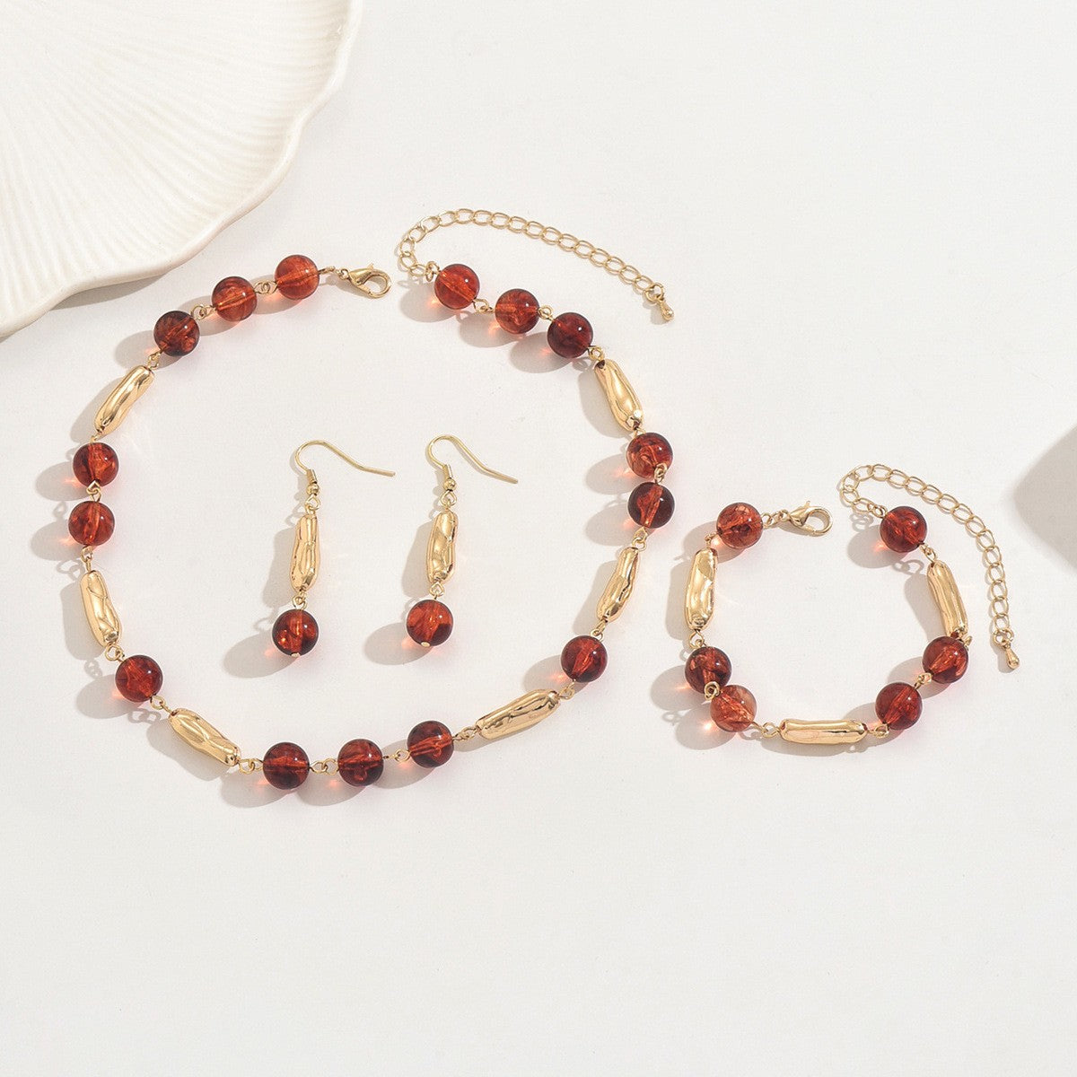 14k Vintage Amber Bead Necklace, Bracelet & Earring Set
