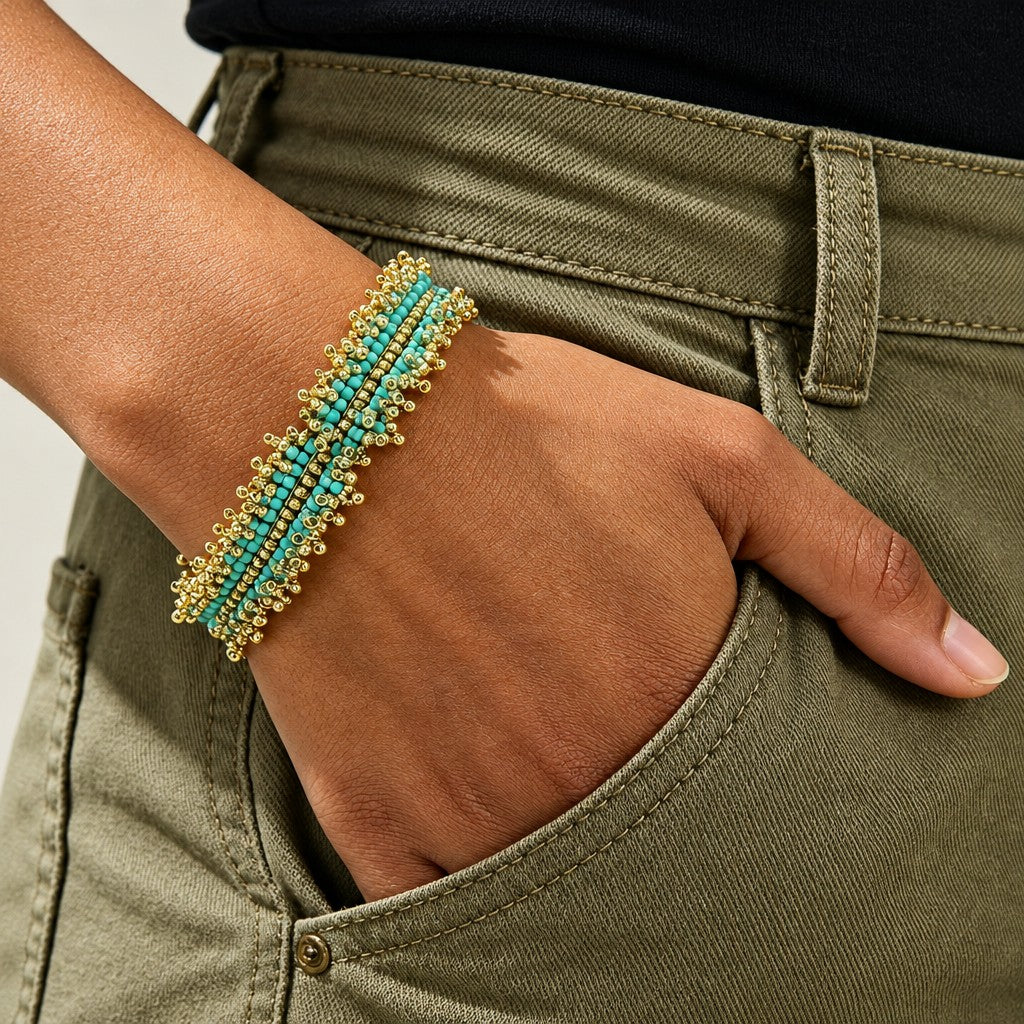 Boho Turquoise Lace-Edge Seed Bead Bracelet