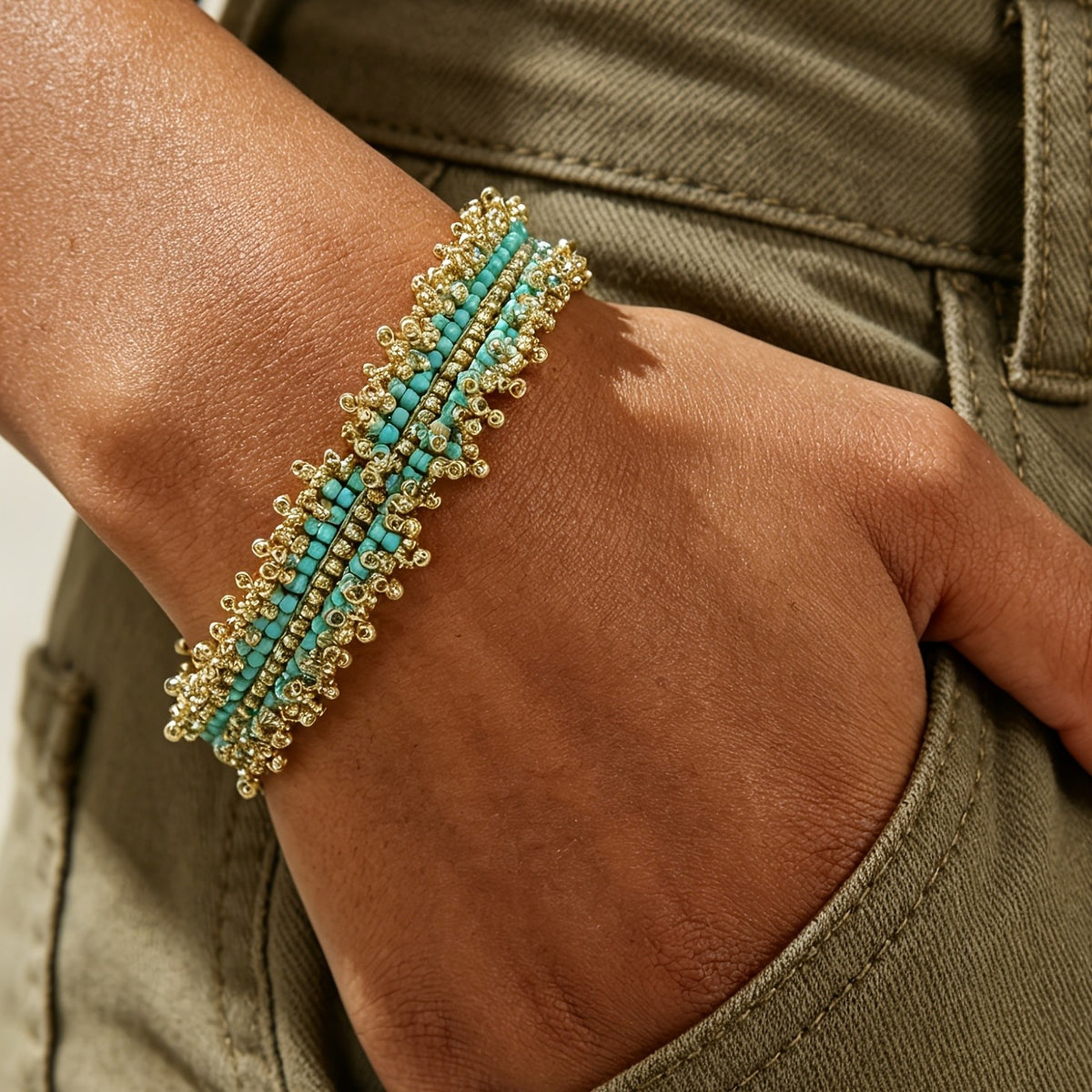 Boho Turquoise Lace-Edge Seed Bead Bracelet