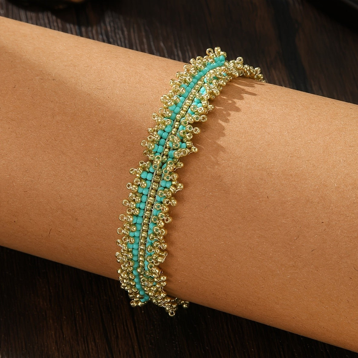 Boho Turquoise Lace-Edge Seed Bead Bracelet