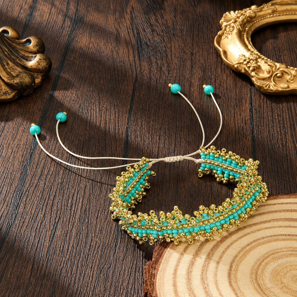Boho Turquoise Lace-Edge Seed Bead Bracelet