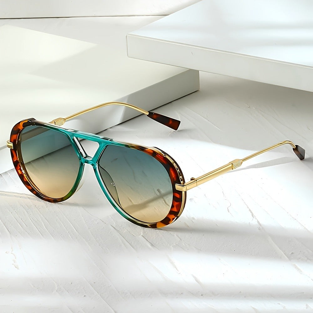 Retro Tortoise Double-Bridge Aviator Sunglasses