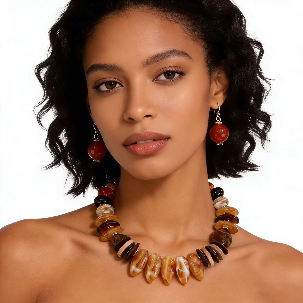 Boho Vintage Resin Wood Chip Necklace & Earring Set