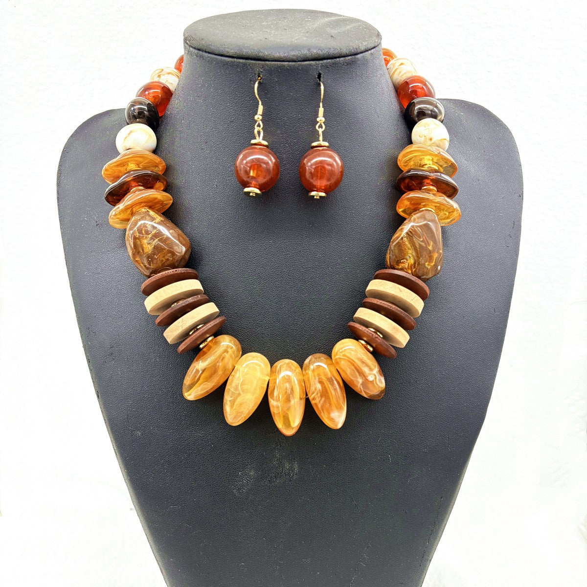 Boho Vintage Resin Wood Chip Necklace & Earring Set