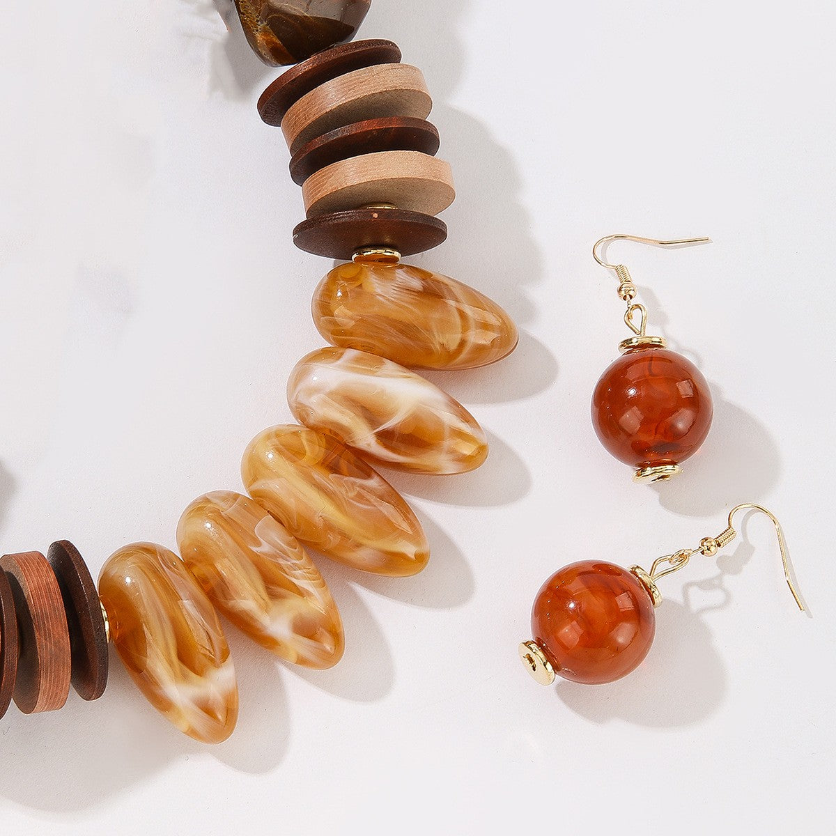 Boho Vintage Resin Wood Chip Necklace & Earring Set