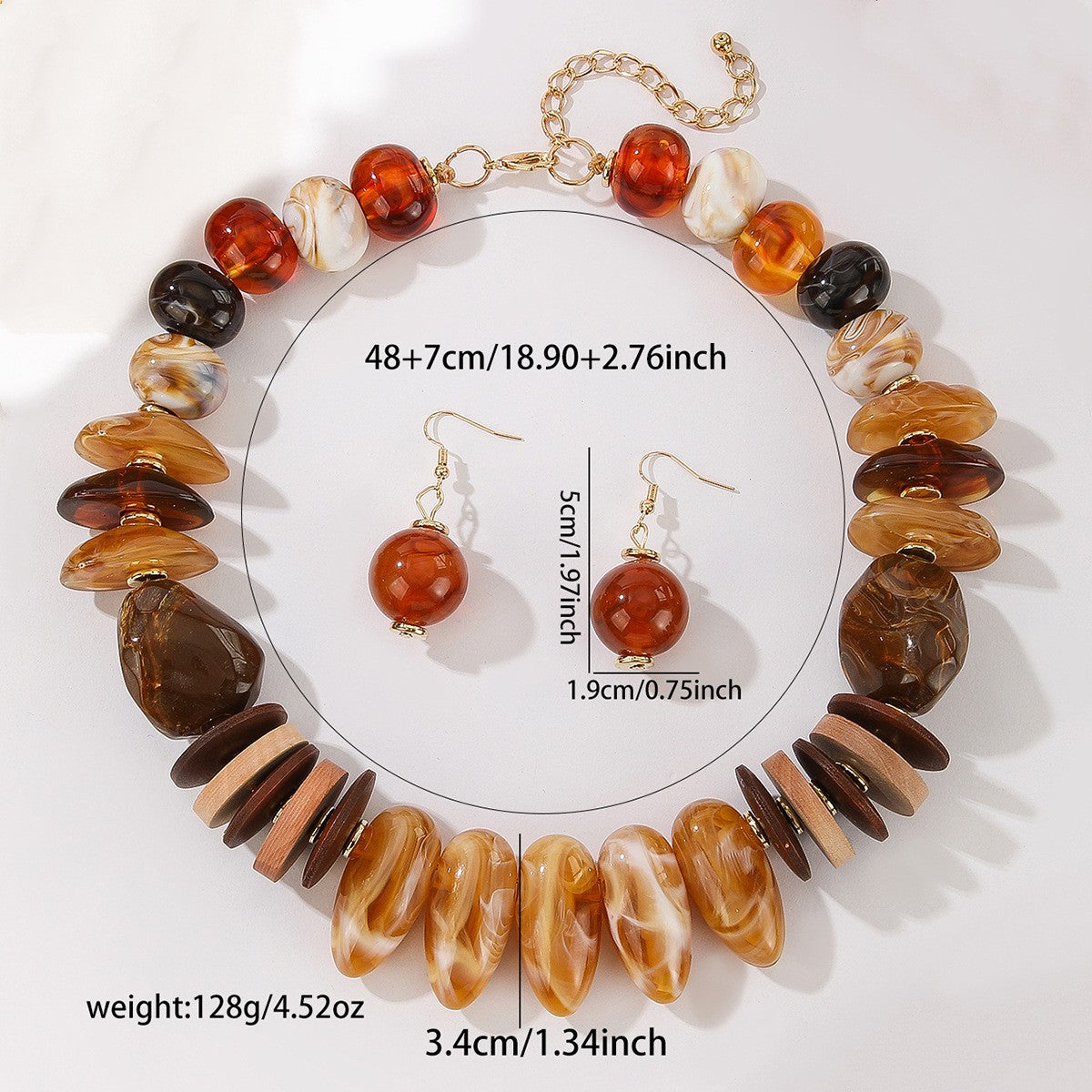 Boho Vintage Resin Wood Chip Necklace & Earring Set