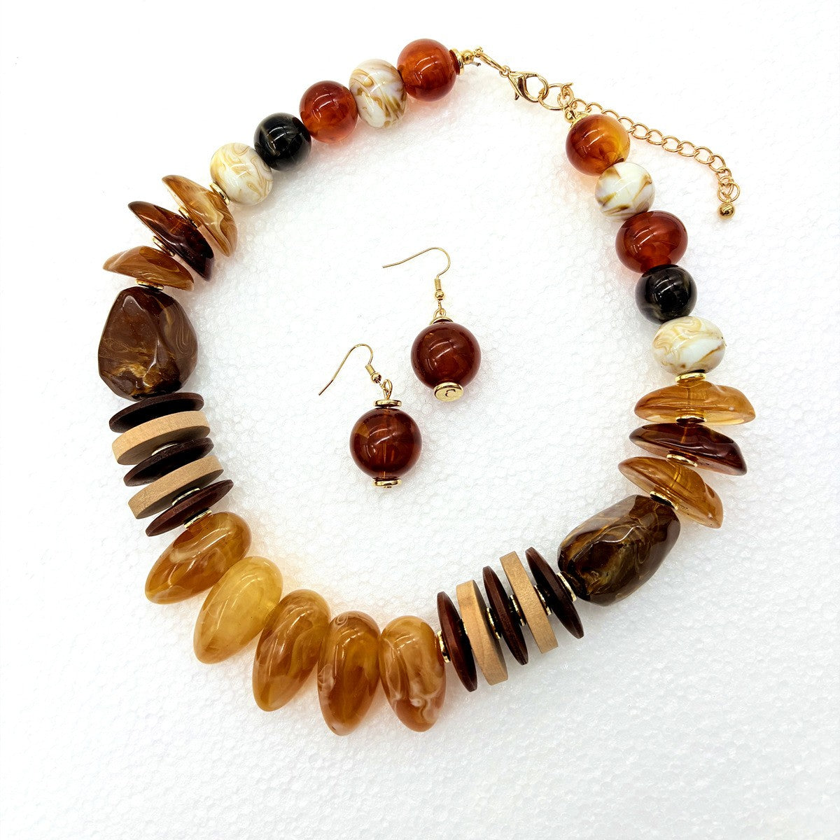 Boho Vintage Resin Wood Chip Necklace & Earring Set