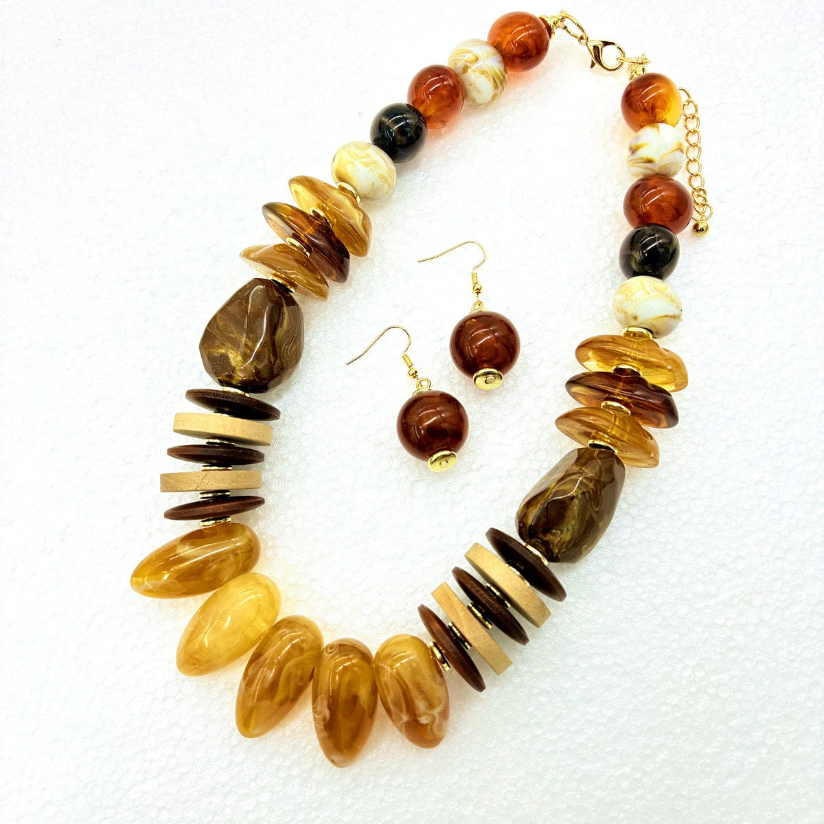 Boho Vintage Resin Wood Chip Necklace & Earring Set