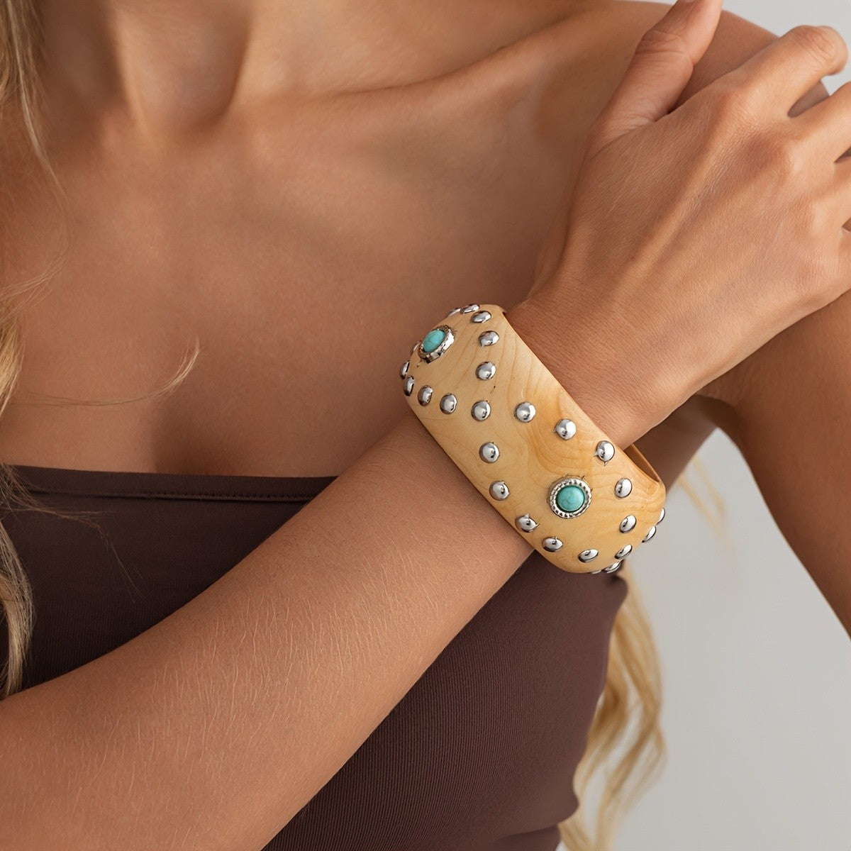 Boho Wood Turquoise Cuff Bracelet