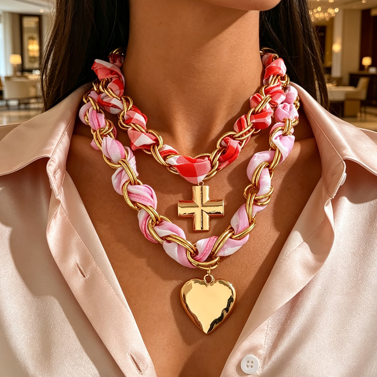 Boho Pink Scarf Wrapped Chain Necklace
