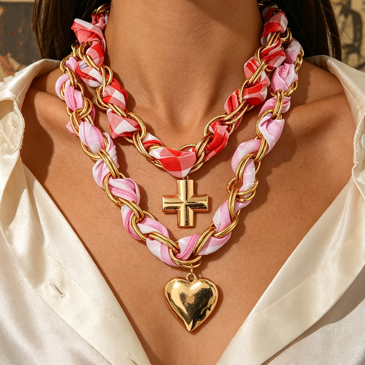Boho Pink Scarf Wrapped Chain Necklace