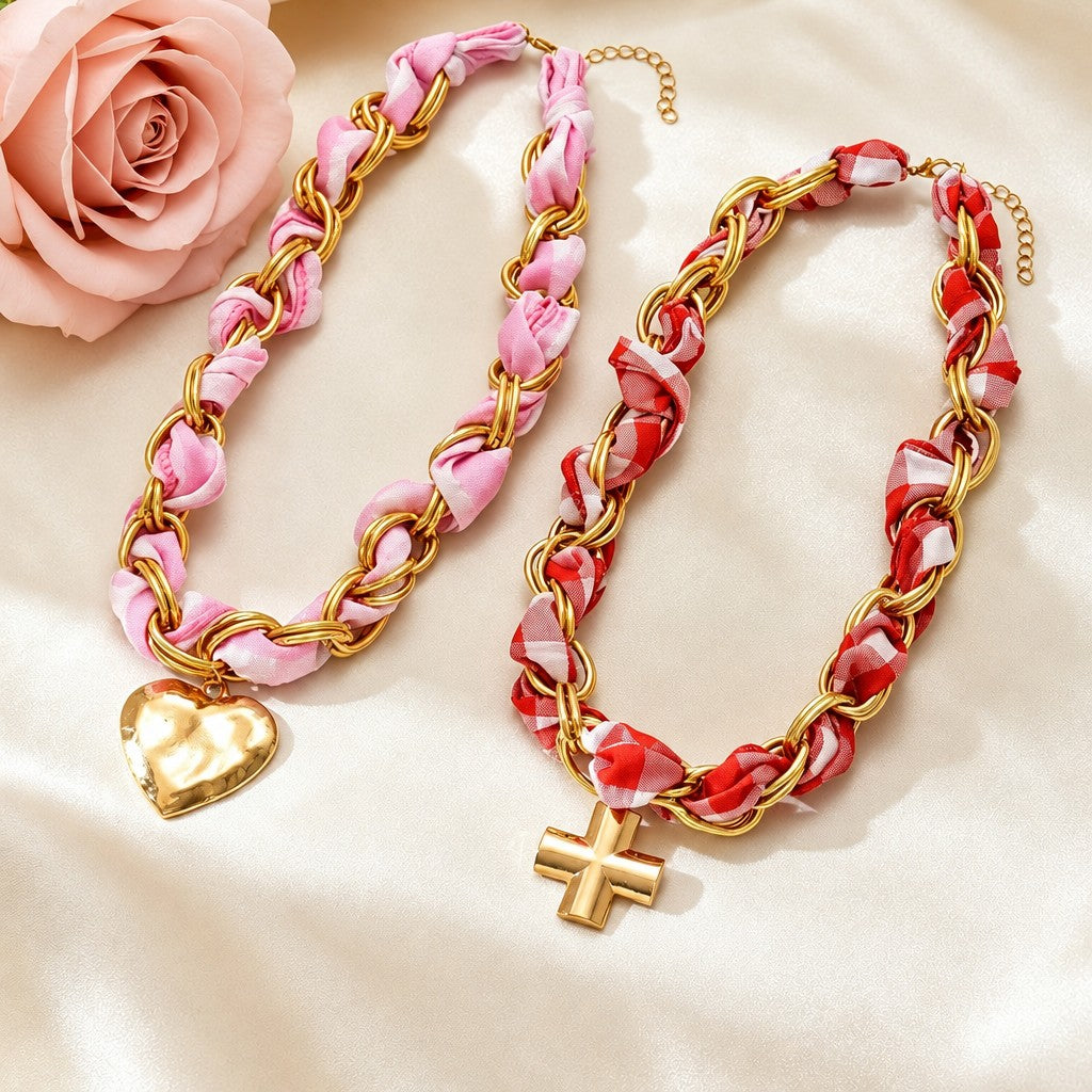 Boho Pink Scarf Wrapped Chain Necklace