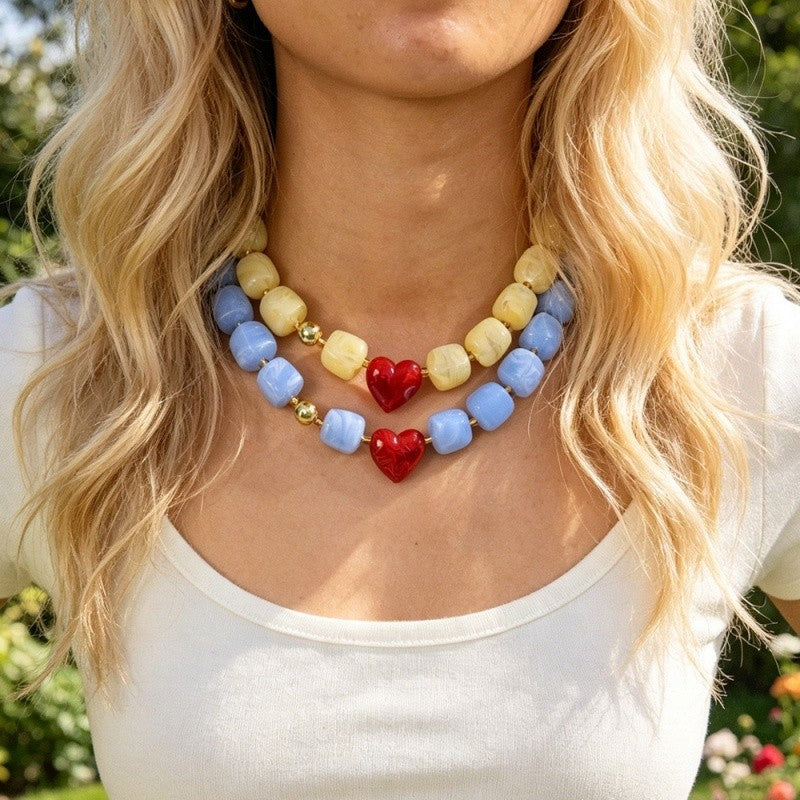 18k Boho Resin Heart Beaded Necklace