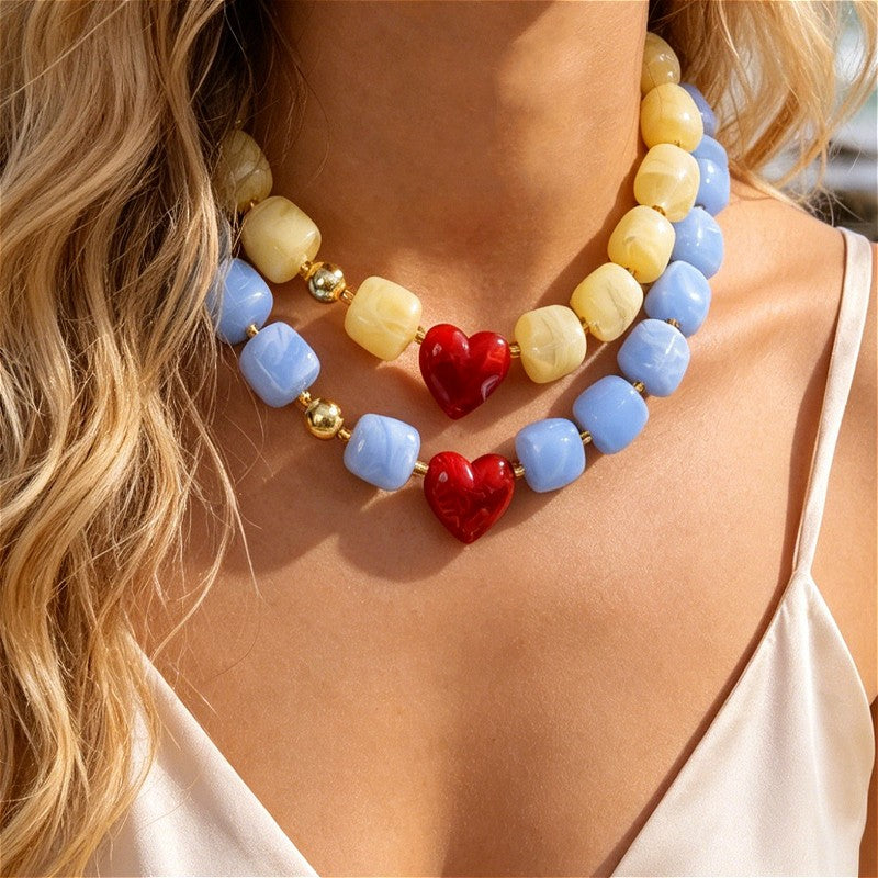 18k Boho Resin Heart Beaded Necklace