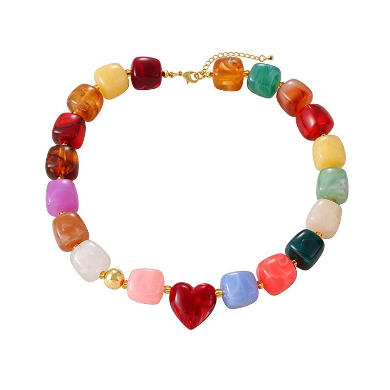 18k Boho Resin Heart Beaded Necklace