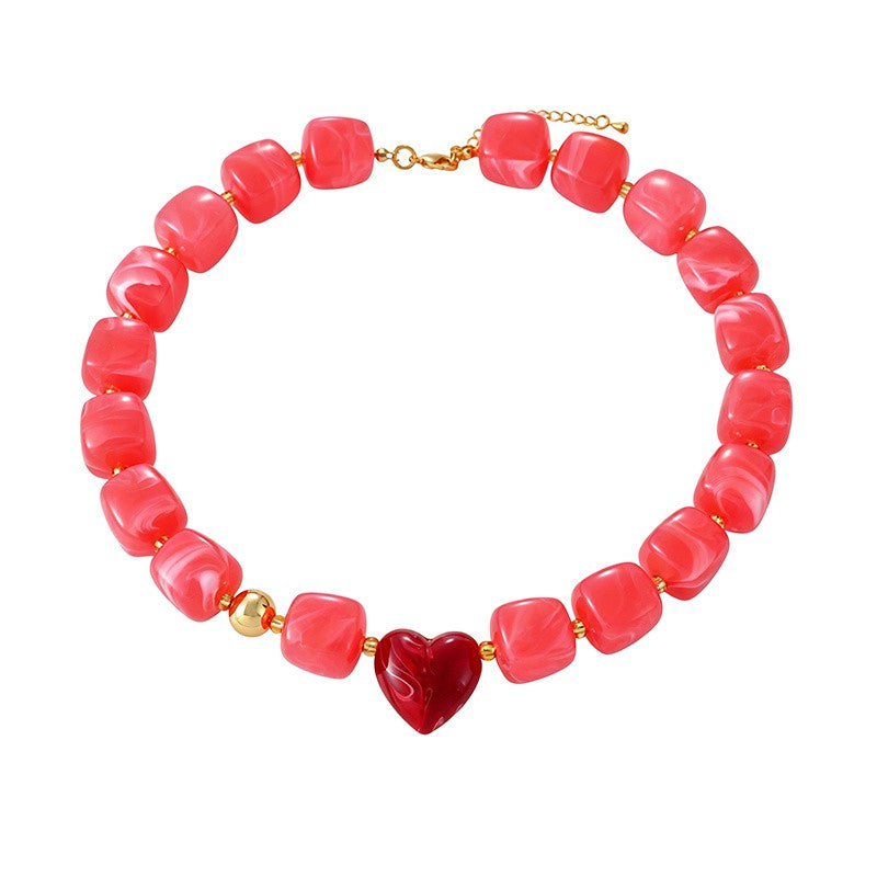 18k Boho Resin Heart Beaded Necklace
