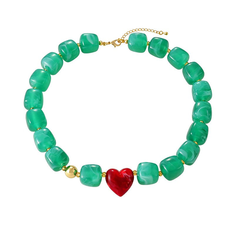 18k Boho Resin Heart Beaded Necklace