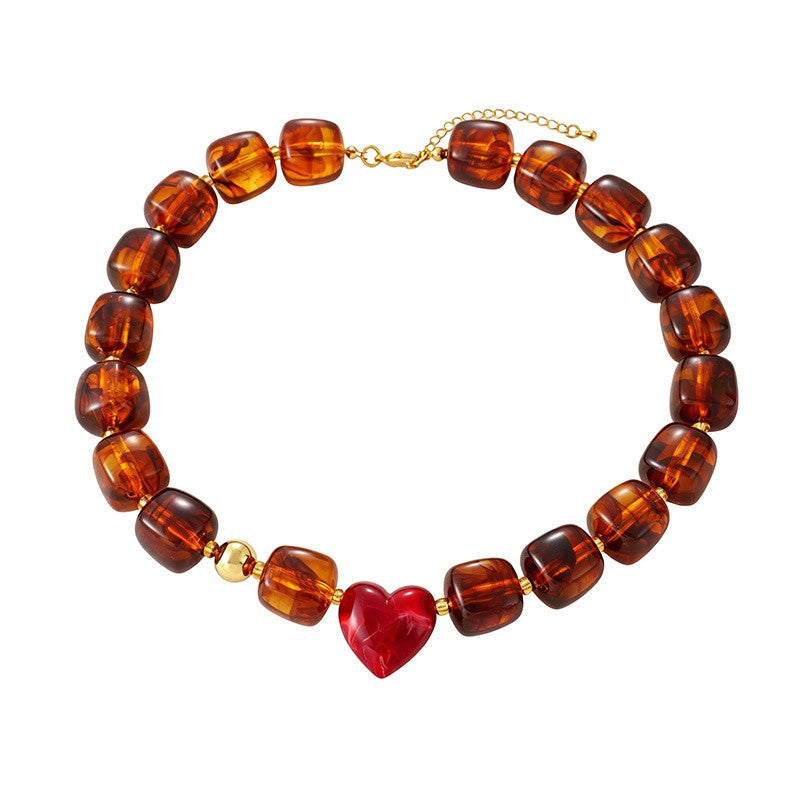 18k Boho Resin Heart Beaded Necklace