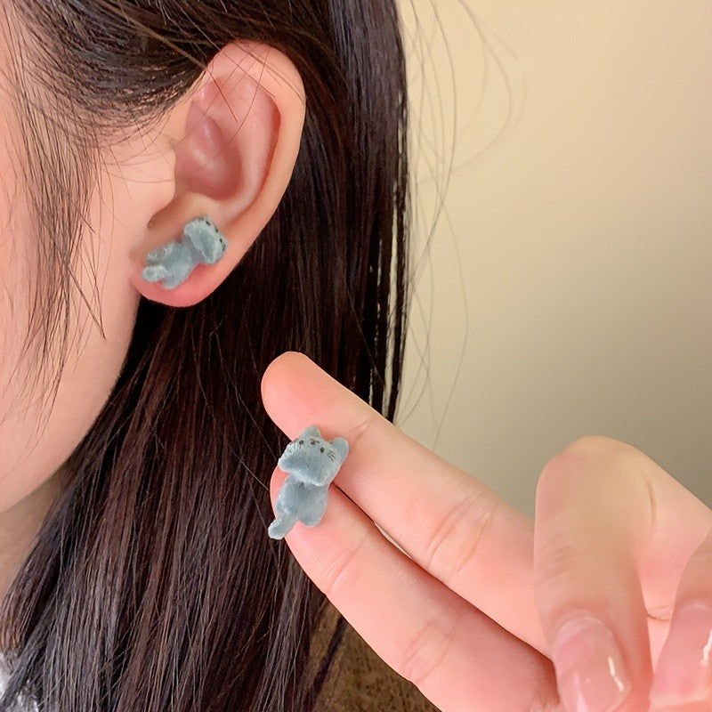 Dainty Fluffy Gray Cat Earrings