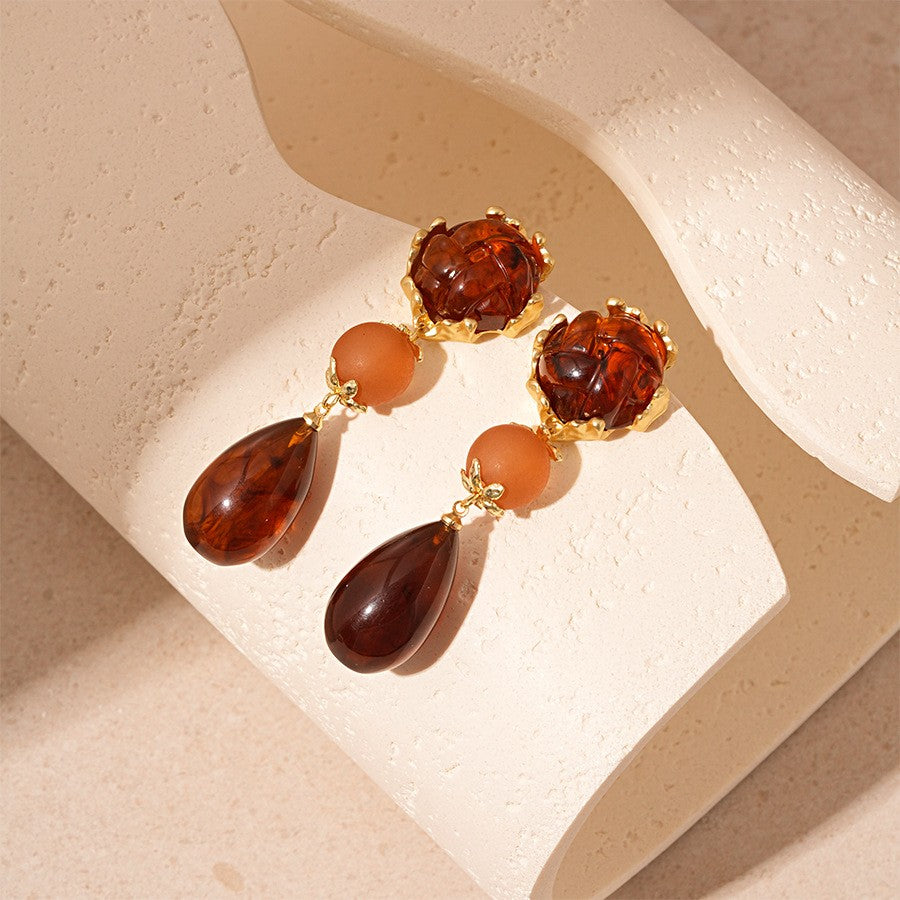 Elegant Vintage Amber Floral Drop Earrings
