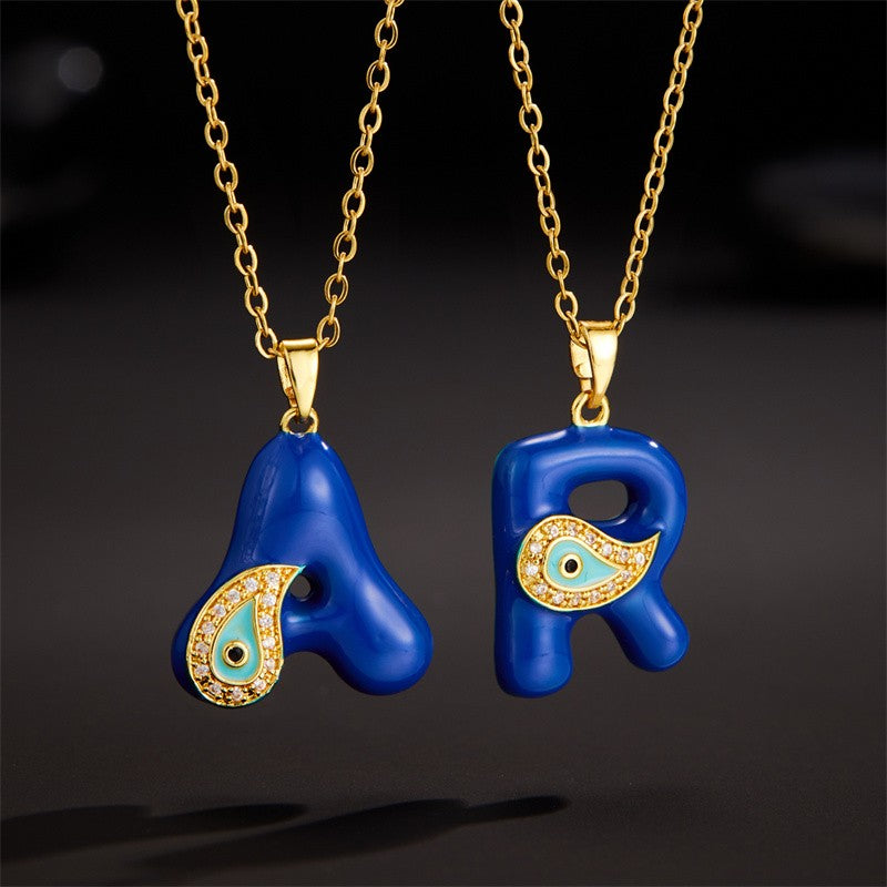 14k Boho Blue Initial Evil Eye Necklace