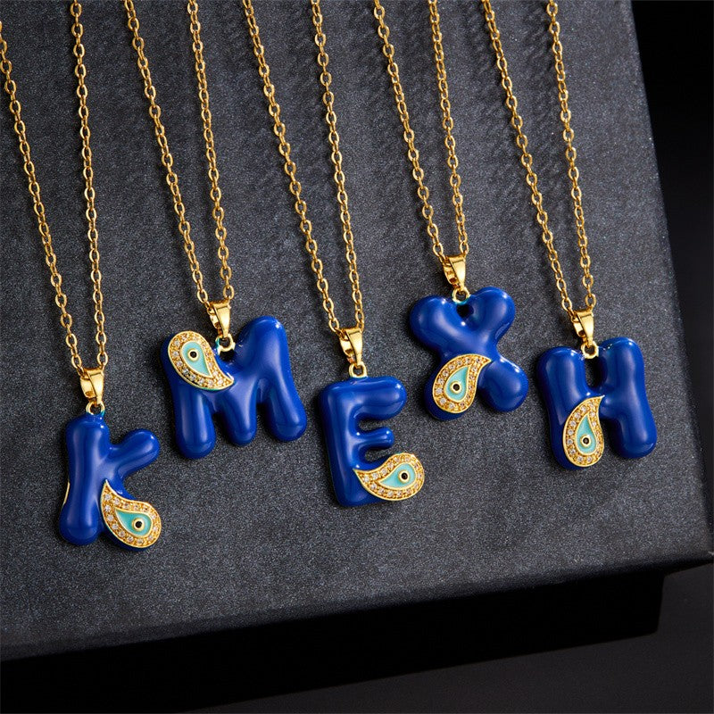 14k Boho Blue Initial Evil Eye Necklace