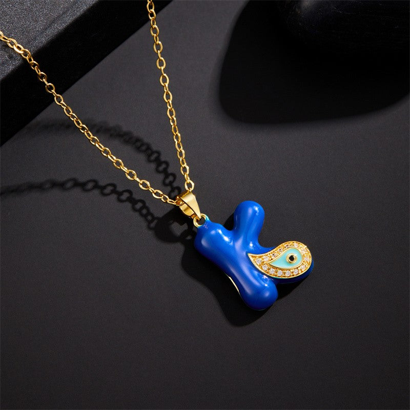 14k Boho Blue Initial Evil Eye Necklace
