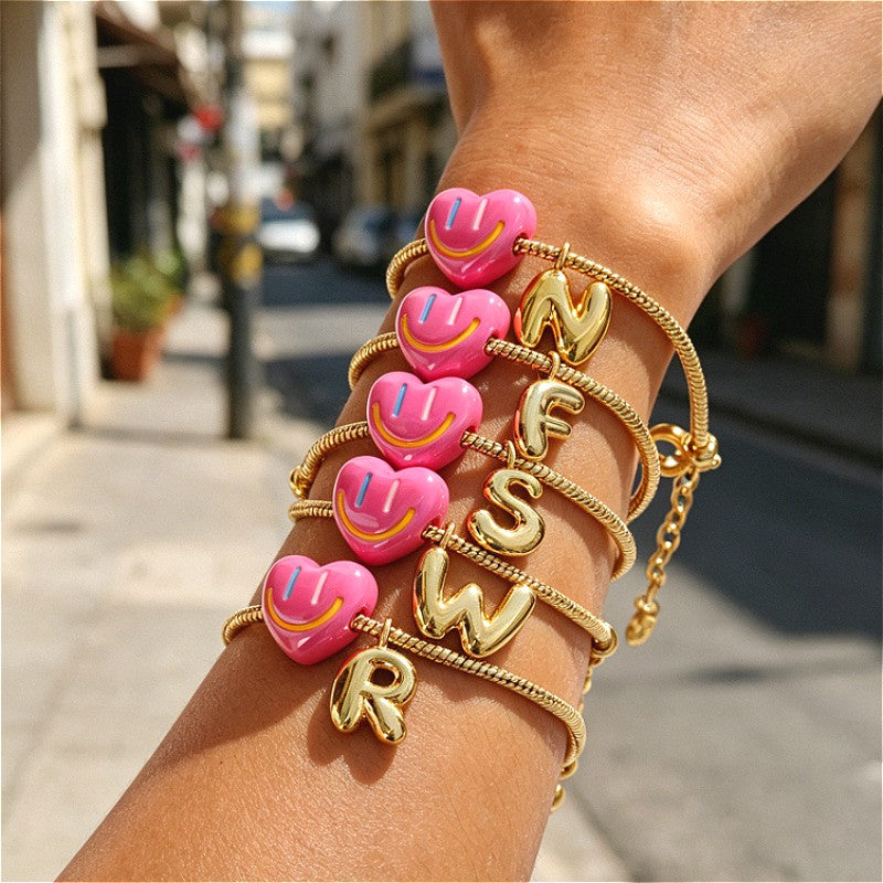 18k Boho Smiley Heart Initial Bracelet Set