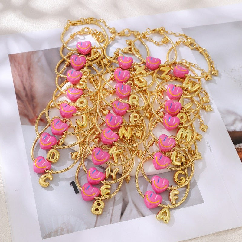 18k Boho Smiley Heart Initial Bracelet Set