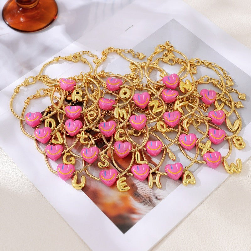18k Boho Smiley Heart Initial Bracelet Set
