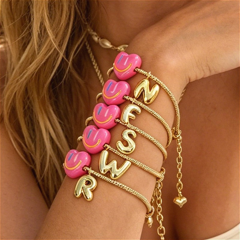 18k Boho Smiley Heart Initial Bracelet Set