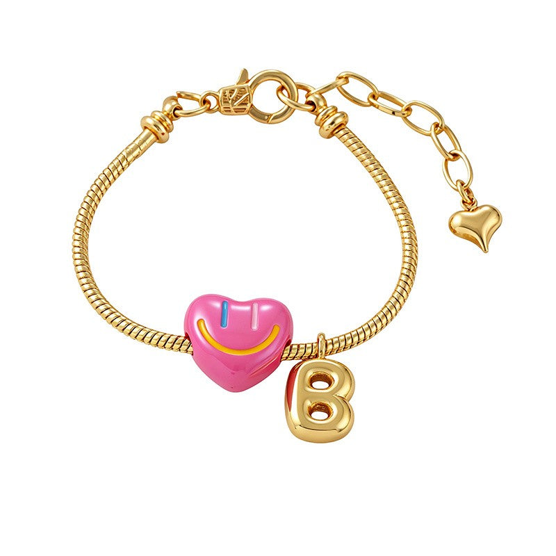 18k Boho Smiley Heart Initial Bracelet Set