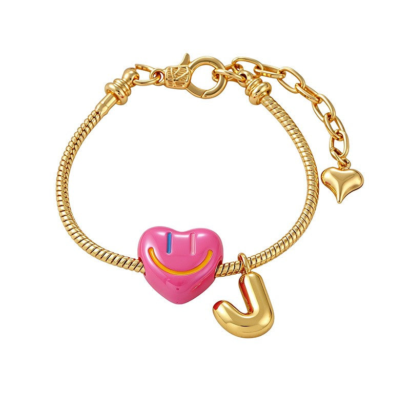 18k Boho Smiley Heart Initial Bracelet Set