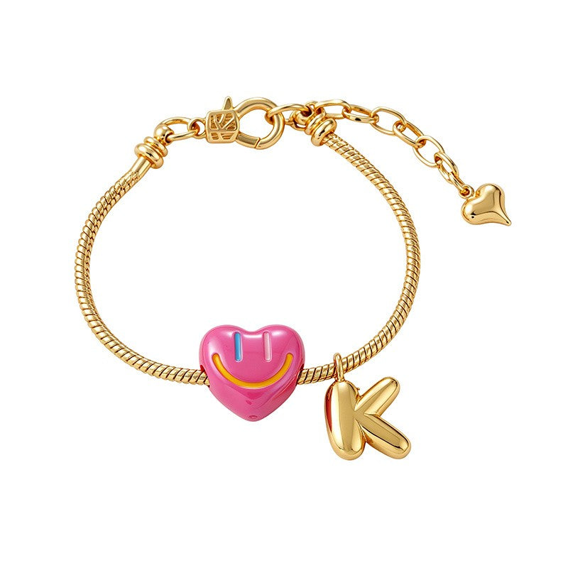 18k Boho Smiley Heart Initial Bracelet Set