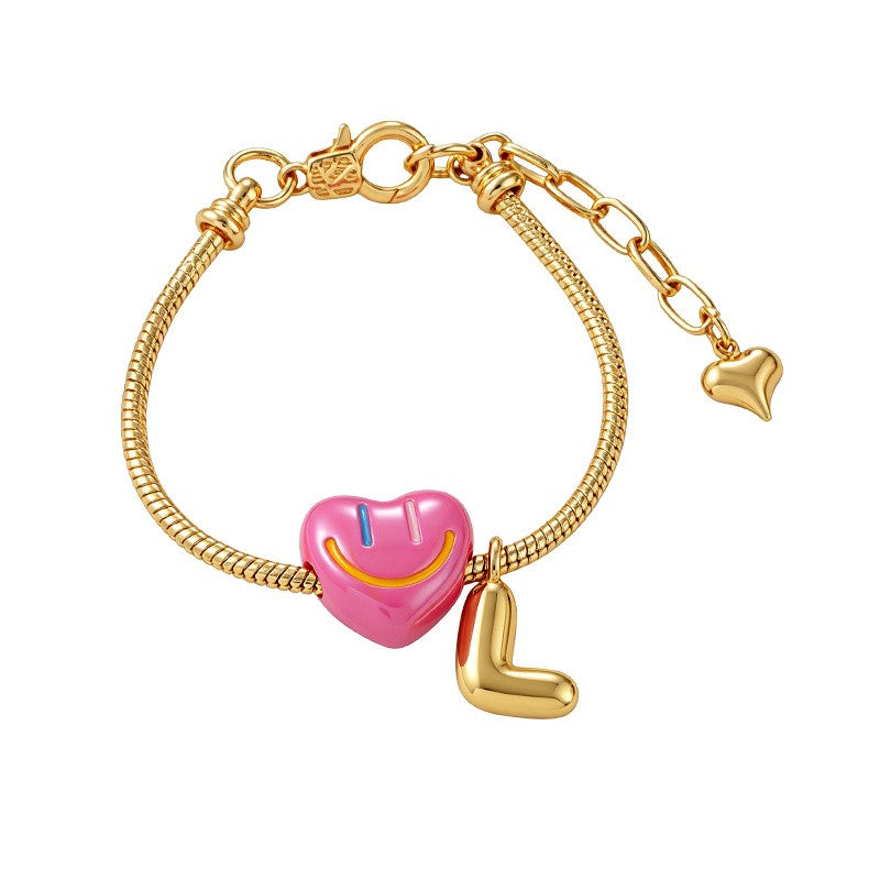 18k Boho Smiley Heart Initial Bracelet Set