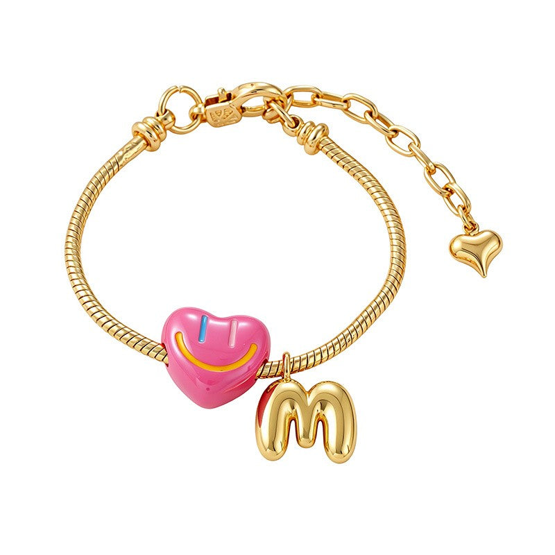 18k Boho Smiley Heart Initial Bracelet Set