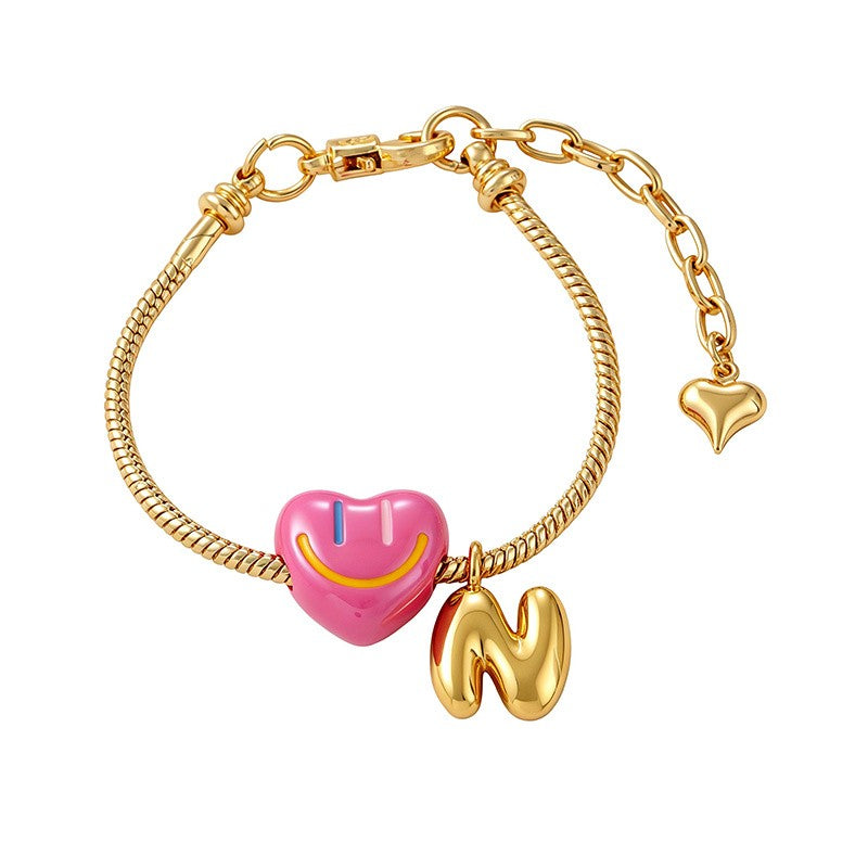 18k Boho Smiley Heart Initial Bracelet Set